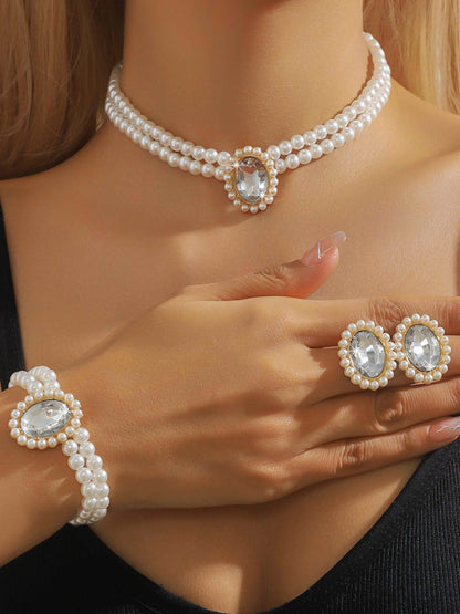 3 Set Luxury Pearl Crystal Jewelry Set Necklace Bracelet Jewelry UK
