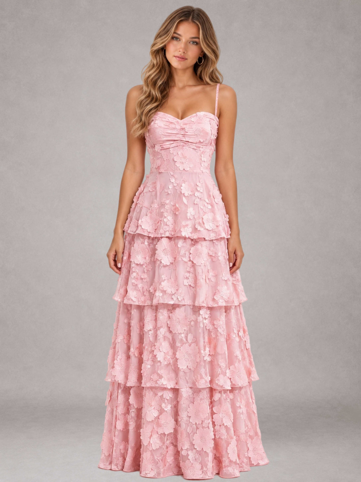 Free Shipping 3D Floral Spaghetti Straps Sweetheart Tiered Long Wedding Guest Dress UK