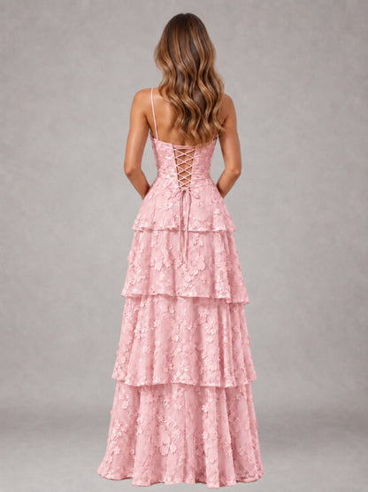 Free Shipping 3D Floral Spaghetti Straps Sweetheart Tiered Long Wedding Guest Dress UK