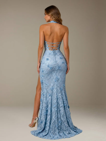 Free Shipping 3D Lace Flower Halter Mermaid Prom Dress with Side Slit UK