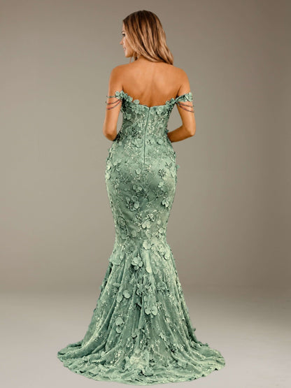 Free Shipping 3D Lace Flower Off-The-Shoulder Sweetheart Mermaid Prom Dress with Side Slit UK
