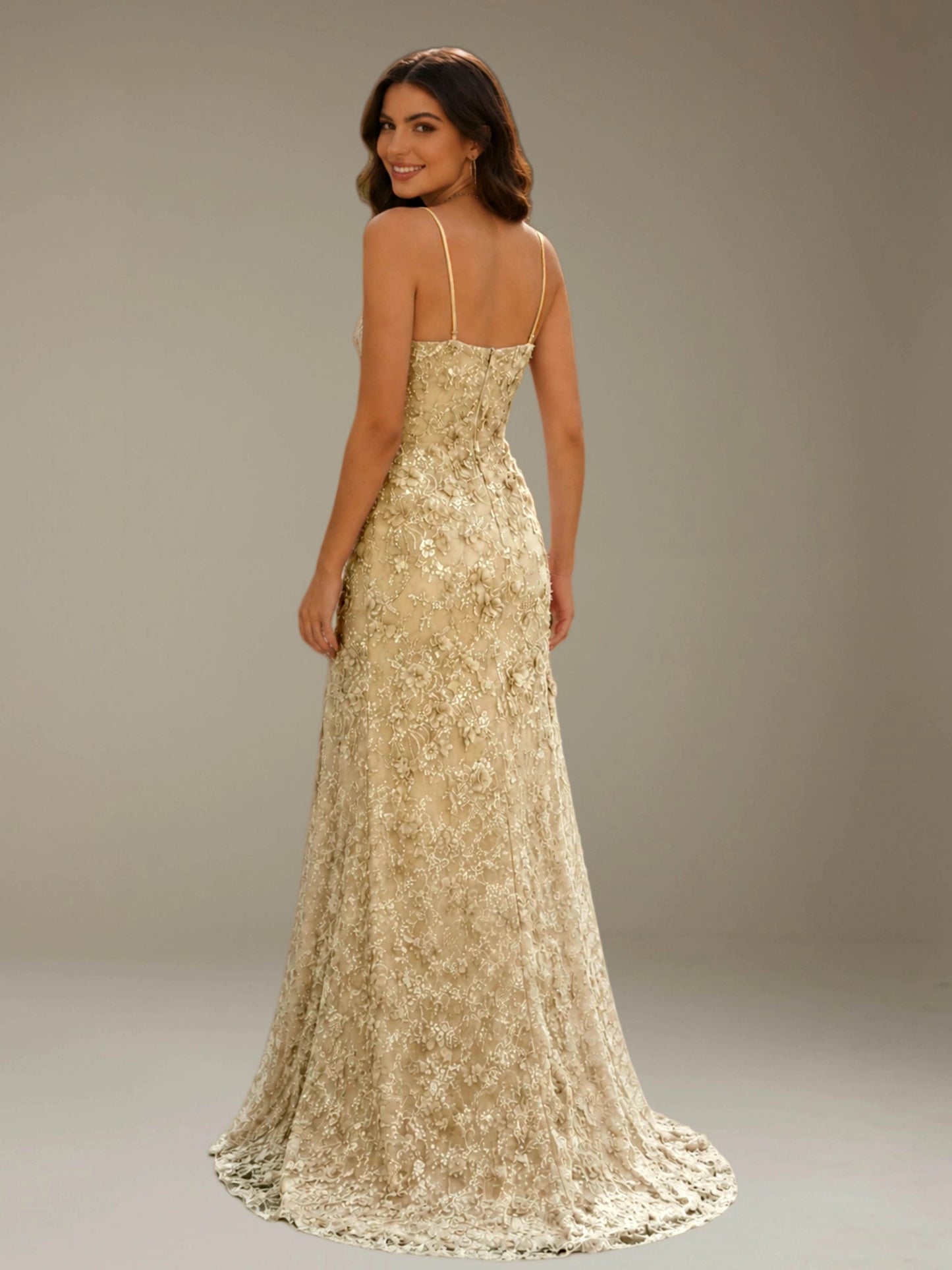 Free Shipping 3D Lace Flower Spaghetti Strap Mermaid Prom Dress with Side Slit UK