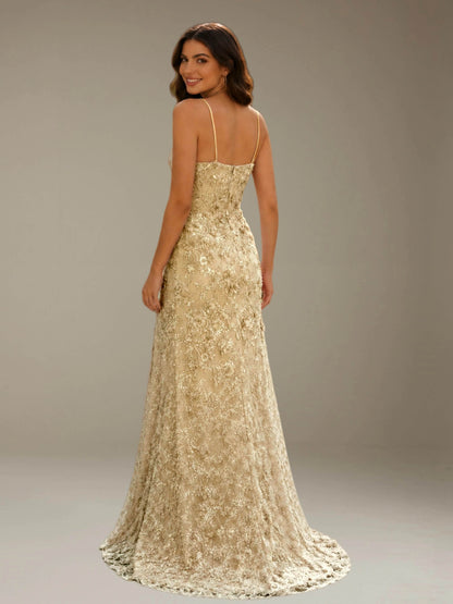 Free Shipping 3D Lace Flower Spaghetti Strap Mermaid Prom Dress with Side Slit UK