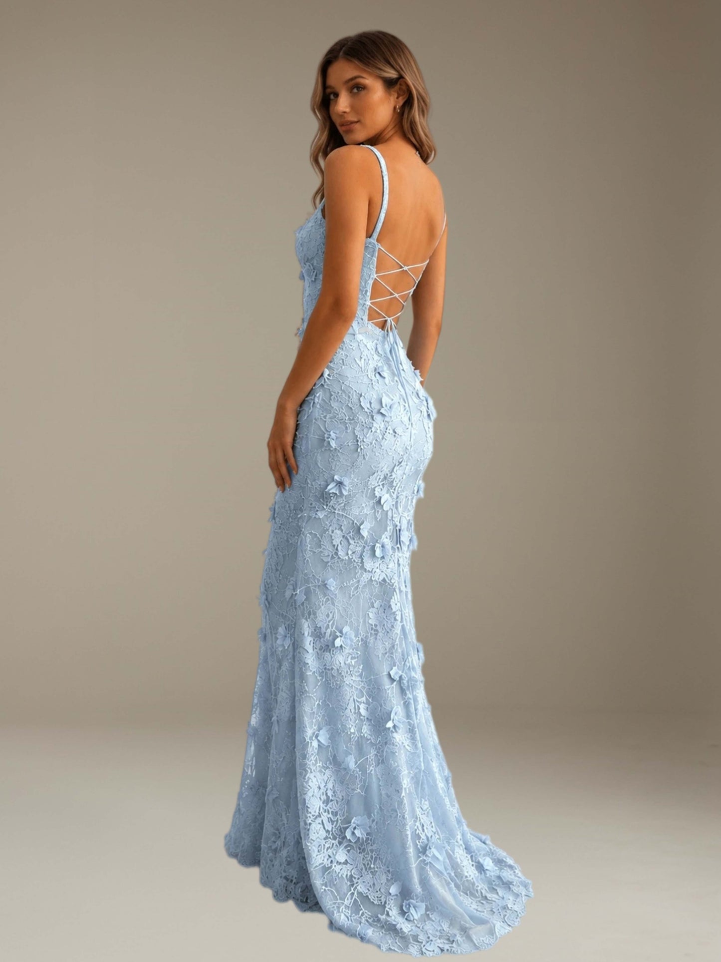 Free Shipping 3D Lace Flower Spaghetti Strap Sweetheart Mermaid Prom Dress UK