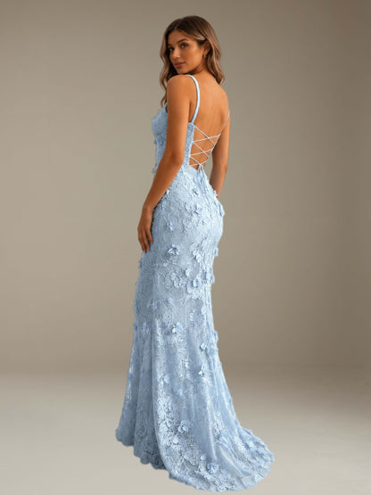Free Shipping 3D Lace Flower Spaghetti Strap Sweetheart Mermaid Prom Dress UK