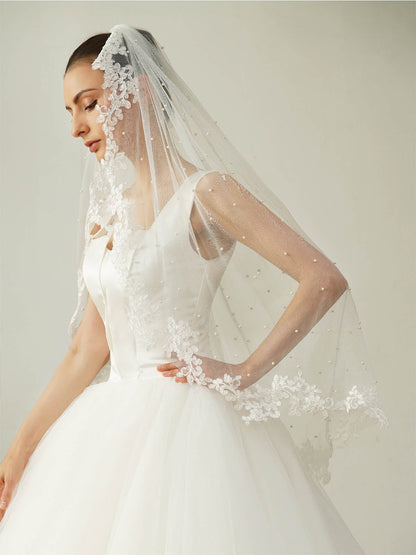 Pearl Lace Edge Single Tier Tulle Bridal Fingertip Length Wedding Veils UK