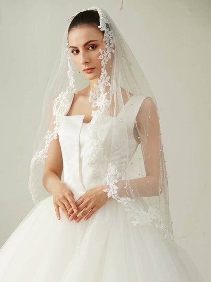 Pearl Lace Edge Single Tier Tulle Bridal Fingertip Length Wedding Veils UK
