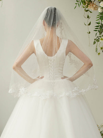 Pearl Lace Edge Single Tier Tulle Bridal Fingertip Length Wedding Veils UK
