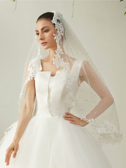 Pearl Lace Edge Single Tier Tulle Bridal Fingertip Length Wedding Veils UK