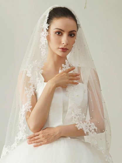 Pearl Lace Edge Single Tier Tulle Bridal Fingertip Length Wedding Veils UK