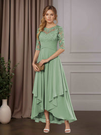 Free Shipping A-Line Chiffon Mother of the Bride Dress Scoop Neck Half Sleeves Asymmetrical Hem with Ruffle Appliques UK