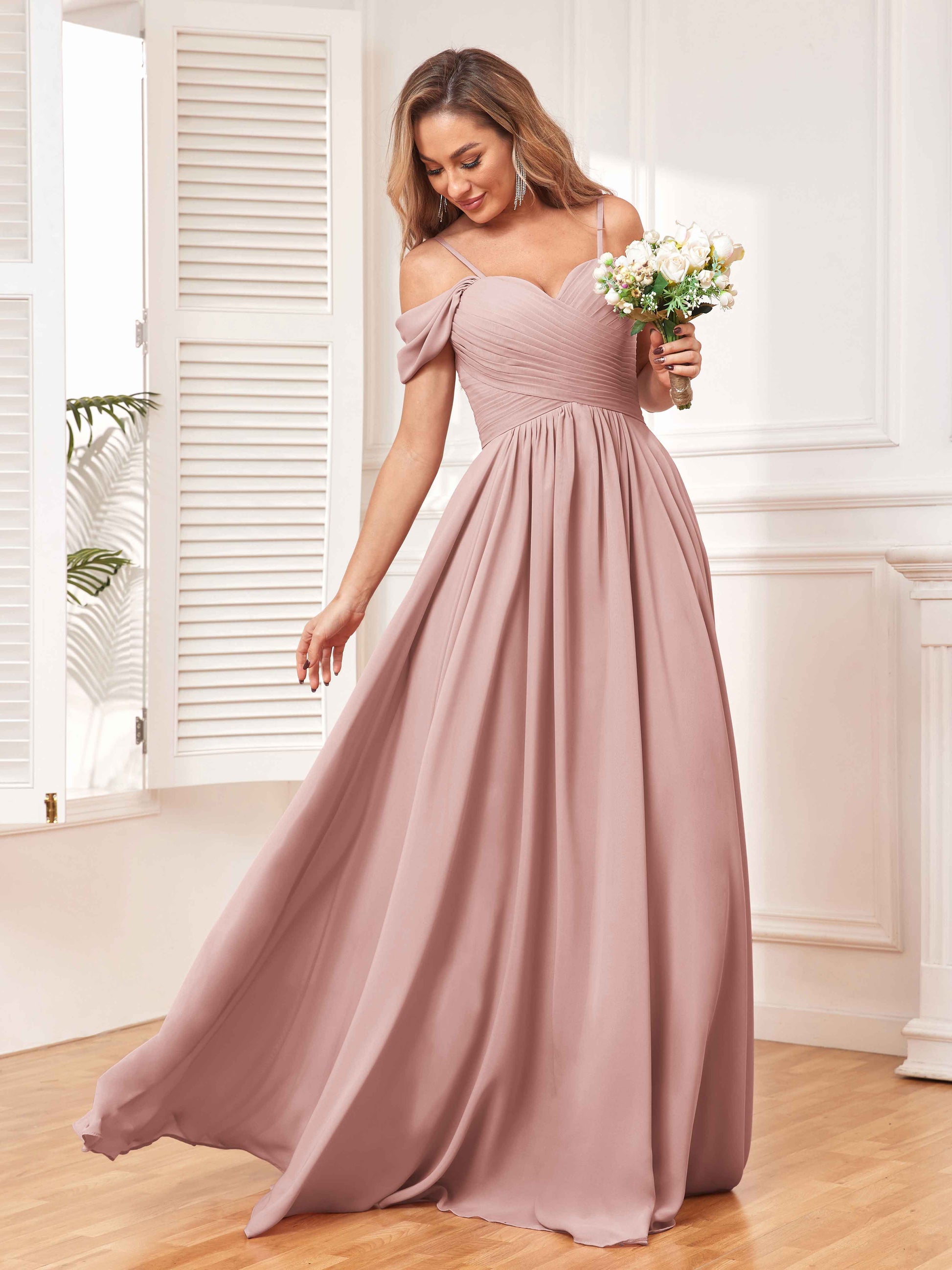 A Line Draped Sleeves Chiffon Bridesmaid Dresses UK With Pockets