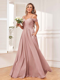 A Line Draped Sleeves Chiffon Bridesmaid Dresses UK With Pockets