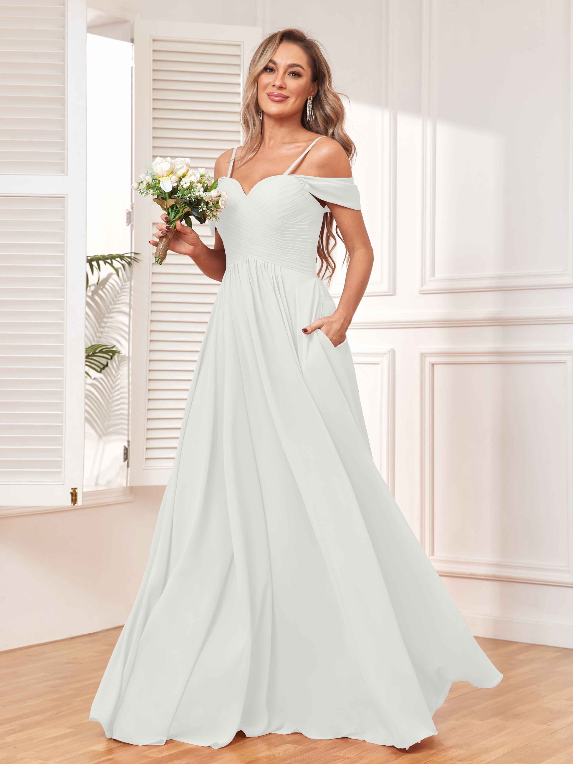 A Line Draped Sleeves Chiffon Bridesmaid Dresses UK With Pockets mollyevers.co.uk A Line Draped Sleeves Chiffon Bridesmaid Dresses UK With Pockets mollyevers.co.uk