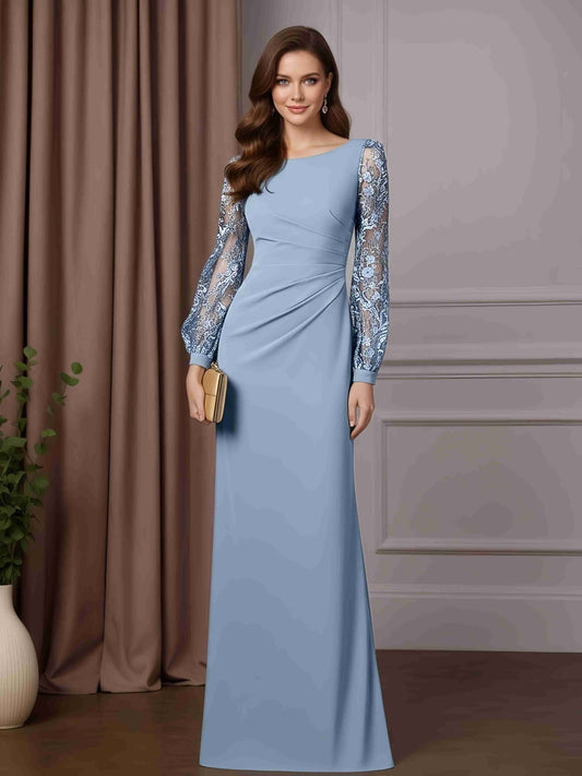 Sheath/Column Scoop Neck Long Sleeves Floor-Length Mother of the Bride Dresses with Lace & Pleated UK