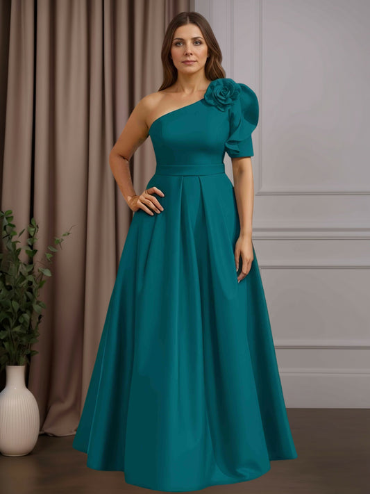 A-Line/Princess One-Shoulder Floor-Length Plus Size Mother of the Bride Dresses With 3D Flower UK