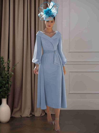 A-Line/Princess V-Neck Long Sleeves Tea-Length Mother of the Bride Dresses with Ruffle, Lace & Sequins UK