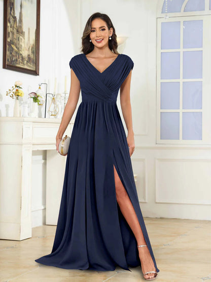 A-Line/Princess V-Neck Sleeveless Floor-Length Mother of the Bride Dresses with Ruffles & Split Side UK