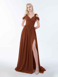 A Line Ruched Draped Sleeves Slit Chiffon Bridesmaid Dresses UK