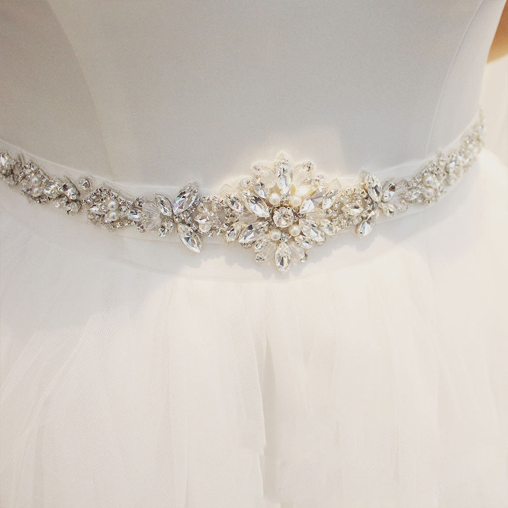 Delicate flower shape imitation pearl rhinestone bridal waist ribbon UK