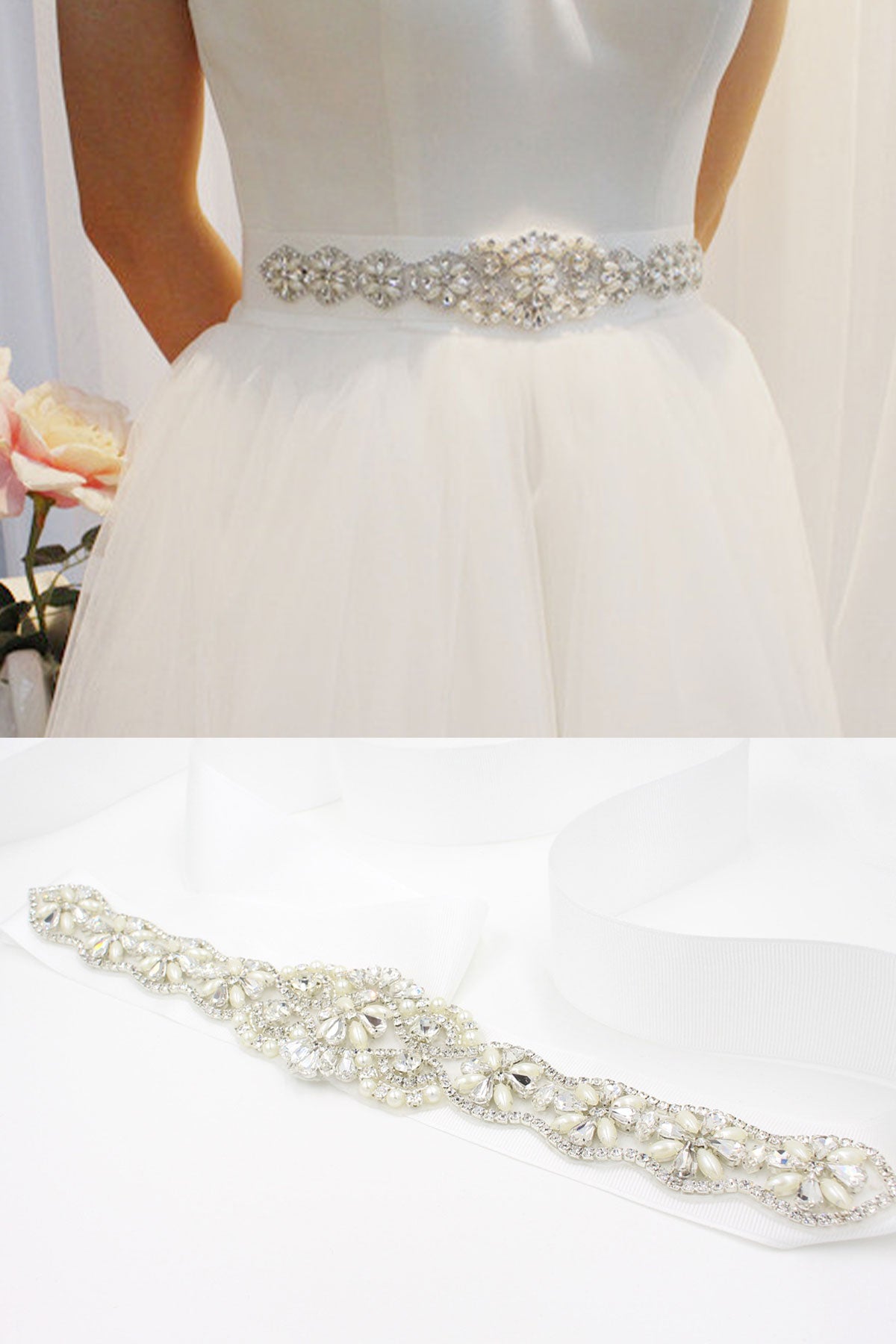 Unique Imitation Pearl Rhinestone Bridal Waist Ribbon UK