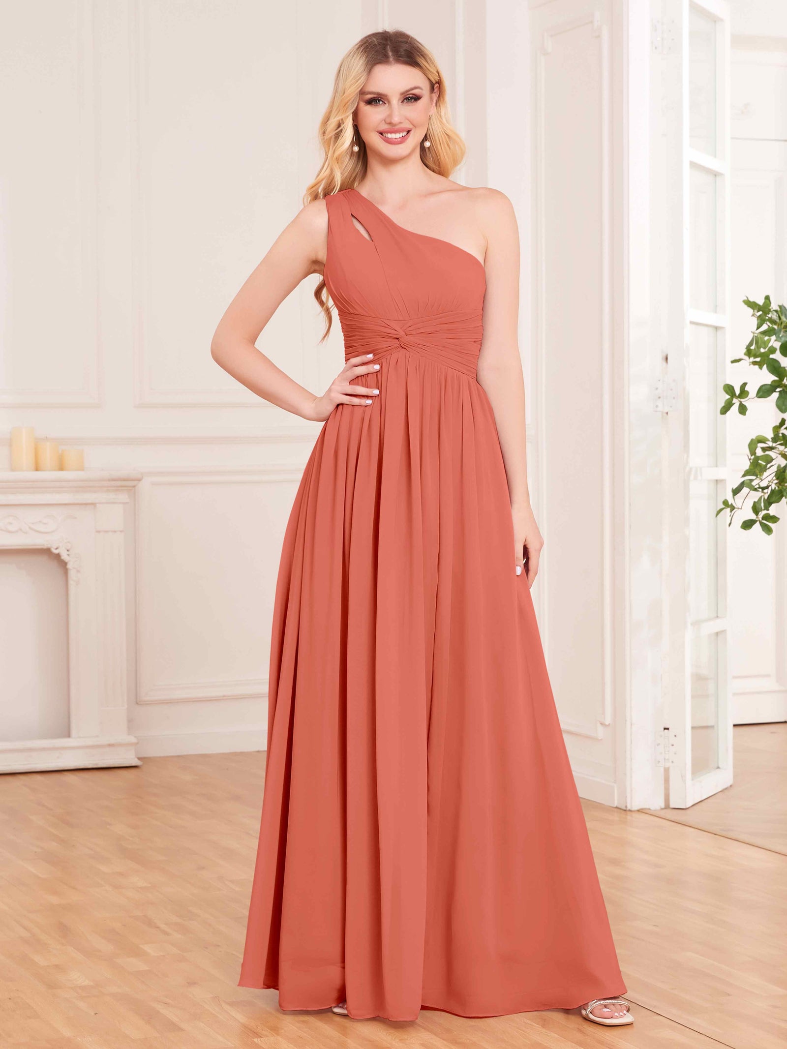 Captivating One Shoulder Pleated Lace Up Chiffon Bridesmaid Dresses UK