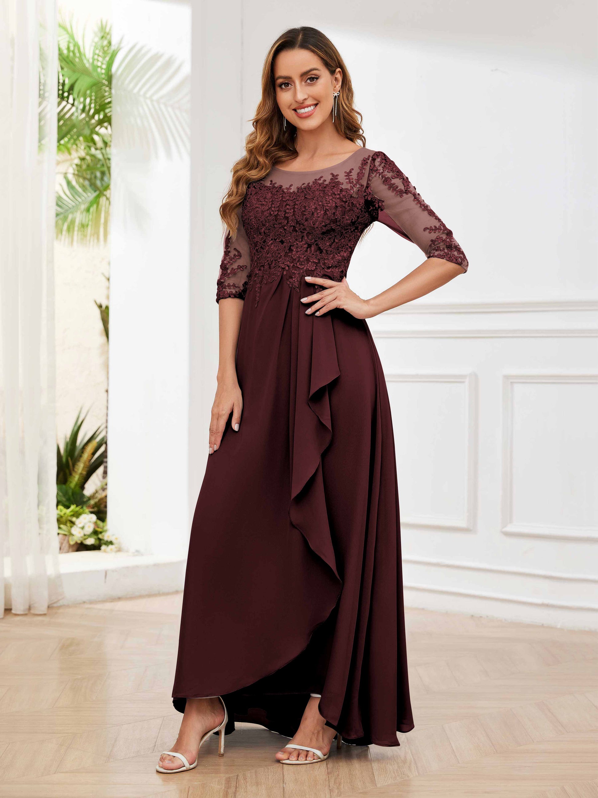 Trendy Modern Mother Of The Bride Dresses A-Line/Princess Scoop 3/4 Sleeves Chiffon Mother Trendy Modern Mother Of The Bride Dresses A-Line/Princess Scoop 3/4 Sleeves Chiffon Mother