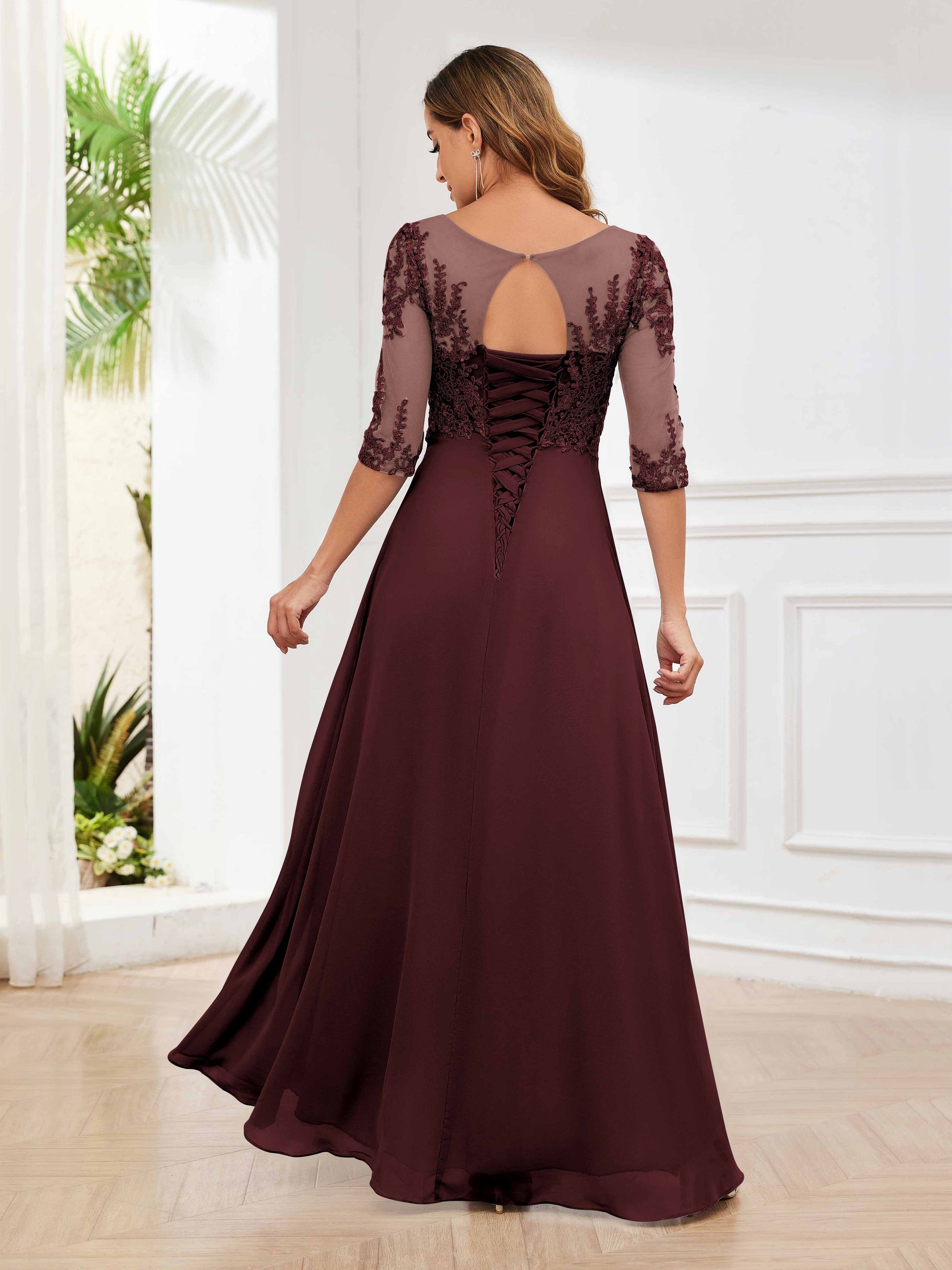 Charming Half Sleeves Ruched Lace Chiffon Mother of the Bride Dresses mollyevers.co.uk Charming Half Sleeves Ruched Lace Chiffon Mother of the Bride Dresses mollyevers.co.uk