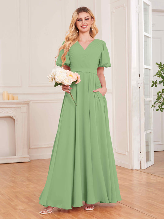 Charming V Neck Short Sleeves Chiffon Bridesmaid Dresses UK With Pockets