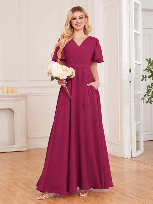 Charming V Neck Short Sleeves Chiffon Bridesmaid Dresses UK With Pockets