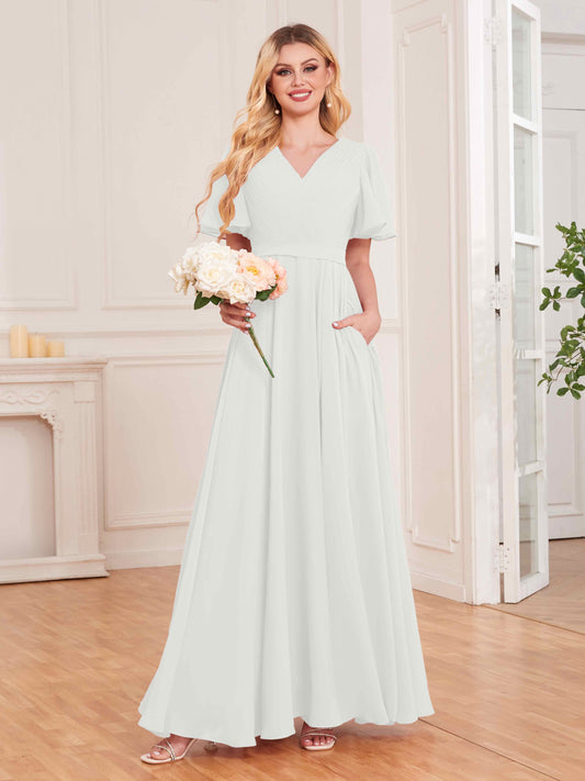 Charming V Neck Short Sleeves Chiffon Bridesmaid Dresses UK With Pockets