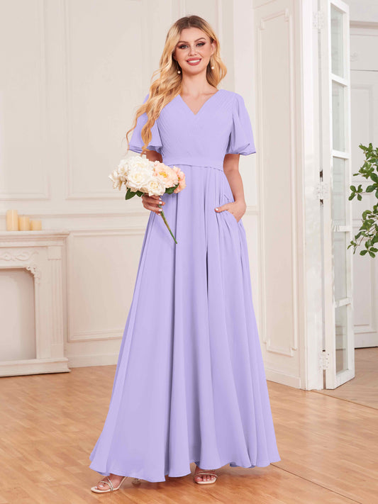 Charming V Neck Short Sleeves Chiffon Bridesmaid Dresses UK With Pockets