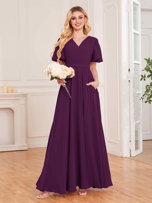 Charming V Neck Short Sleeves Chiffon Bridesmaid Dresses UK With Pockets