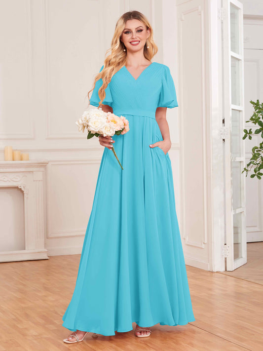 Charming V Neck Short Sleeves Chiffon Bridesmaid Dresses UK With Pockets