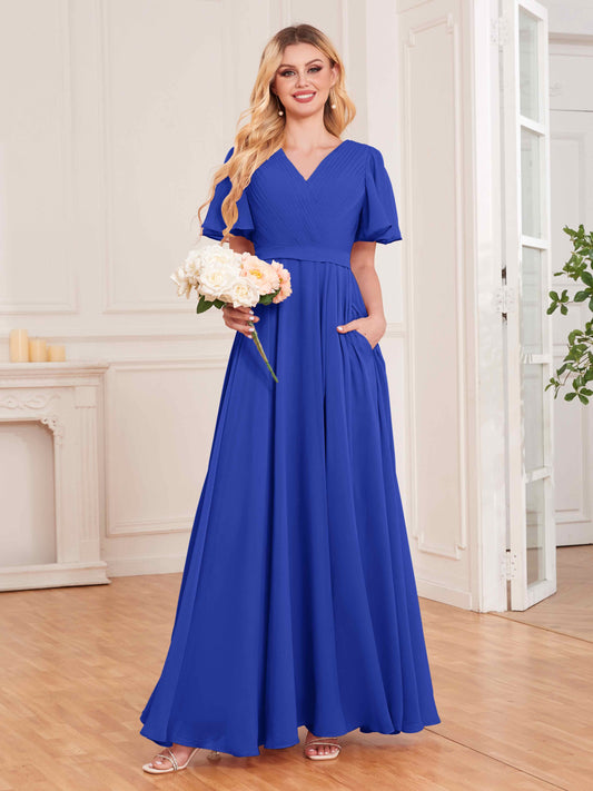 Charming V Neck Short Sleeves Chiffon Bridesmaid Dresses UK With Pockets