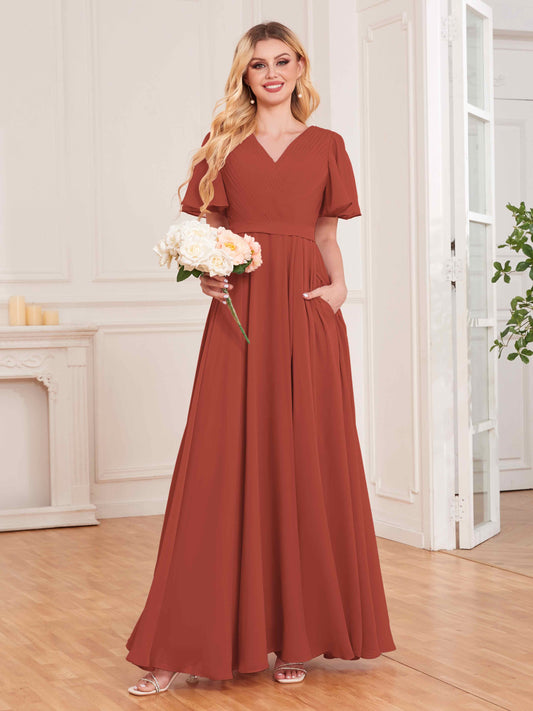 Charming V Neck Short Sleeves Chiffon Bridesmaid Dresses UK With Pockets