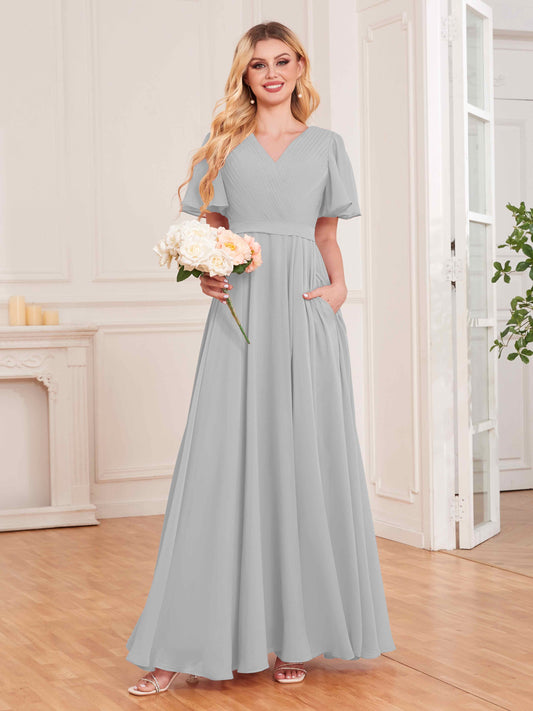 Charming V Neck Short Sleeves Chiffon Bridesmaid Dresses UK With Pockets