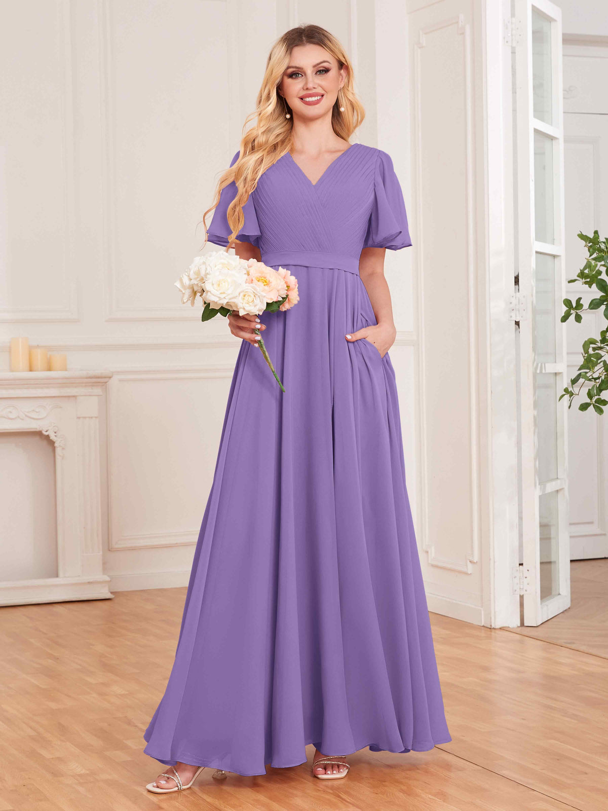 Charming V Neck Short Sleeves Chiffon Bridesmaid Dresses UK With Pockets