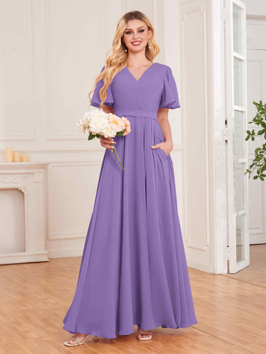 Charming V Neck Short Sleeves Chiffon Bridesmaid Dresses UK With Pockets