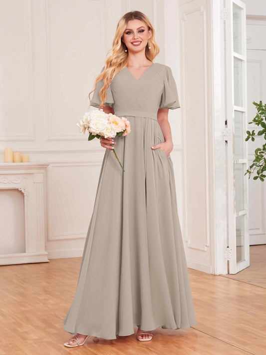 Charming V Neck Short Sleeves Chiffon Bridesmaid Dresses UK With Pockets