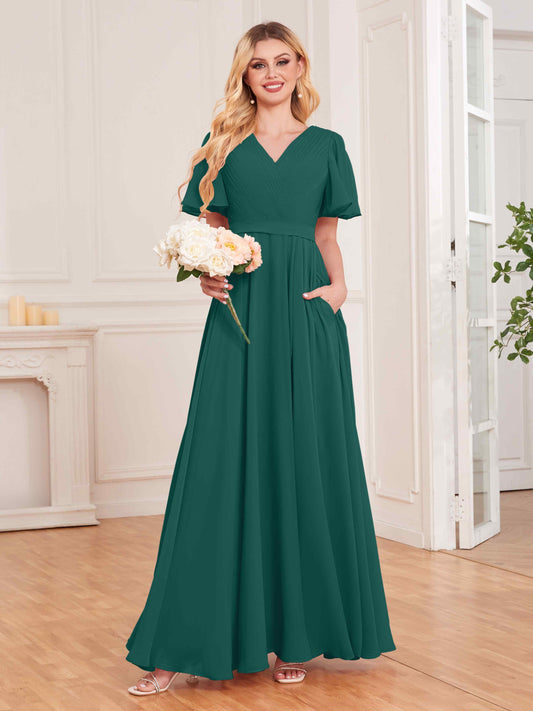 Charming V Neck Short Sleeves Chiffon Bridesmaid Dresses UK With Pockets