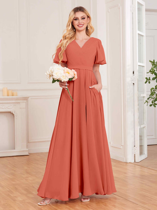 Charming V Neck Short Sleeves Chiffon Bridesmaid Dresses UK With Pockets