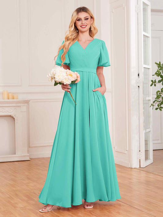 Charming V Neck Short Sleeves Chiffon Bridesmaid Dresses UK With Pockets