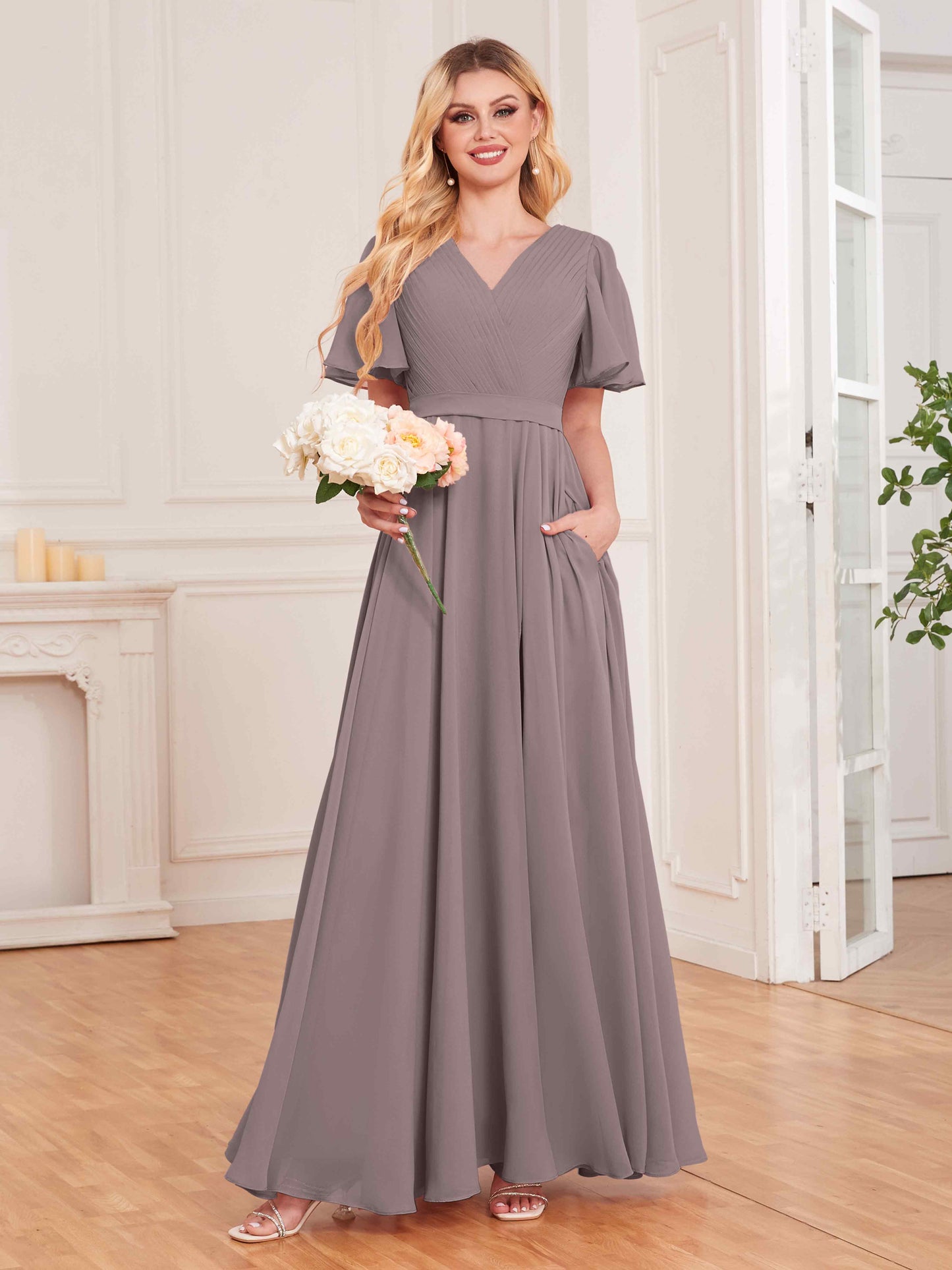 Charming V Neck Short Sleeves Chiffon Bridesmaid Dresses UK With Pockets