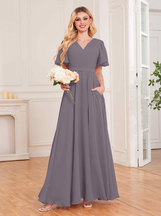 Charming V Neck Short Sleeves Chiffon Bridesmaid Dresses UK With Pockets