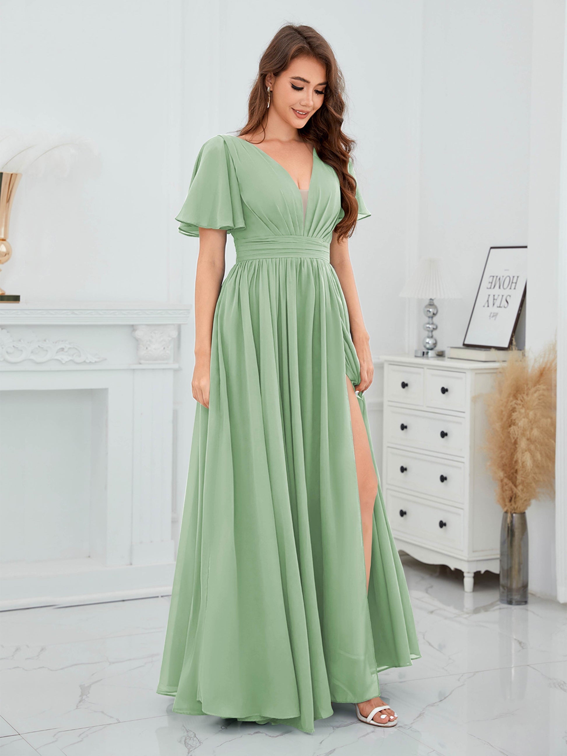 Charming V-Neck Slit Short Sleeves Long Chiffon Bridesmaid Dresses UK