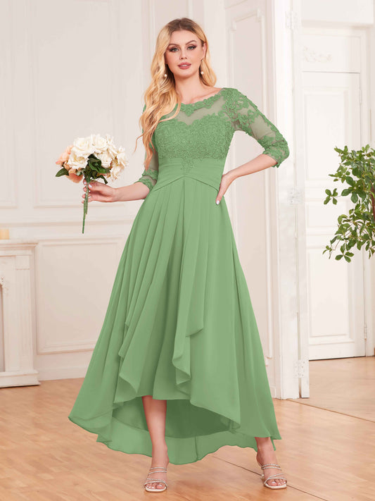 Chic Illusion Lace Half Sleeves High Low Chiffon Bridesmaid Dresses UK
