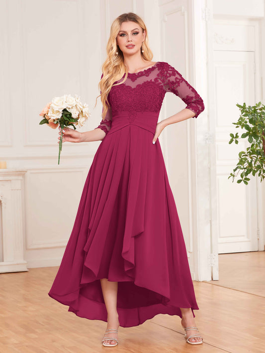 Chic Illusion Lace Half Sleeves High Low Chiffon Bridesmaid Dresses UK