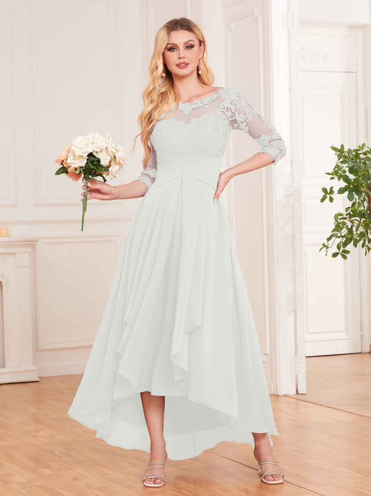 Chic Illusion Lace Half Sleeves High Low Chiffon Bridesmaid Dresses UK