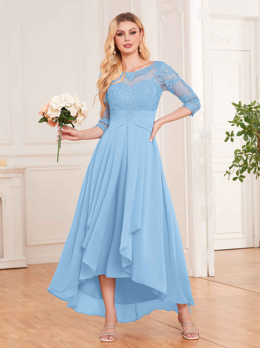 Chic Illusion Lace Half Sleeves High Low Chiffon Bridesmaid Dresses UK